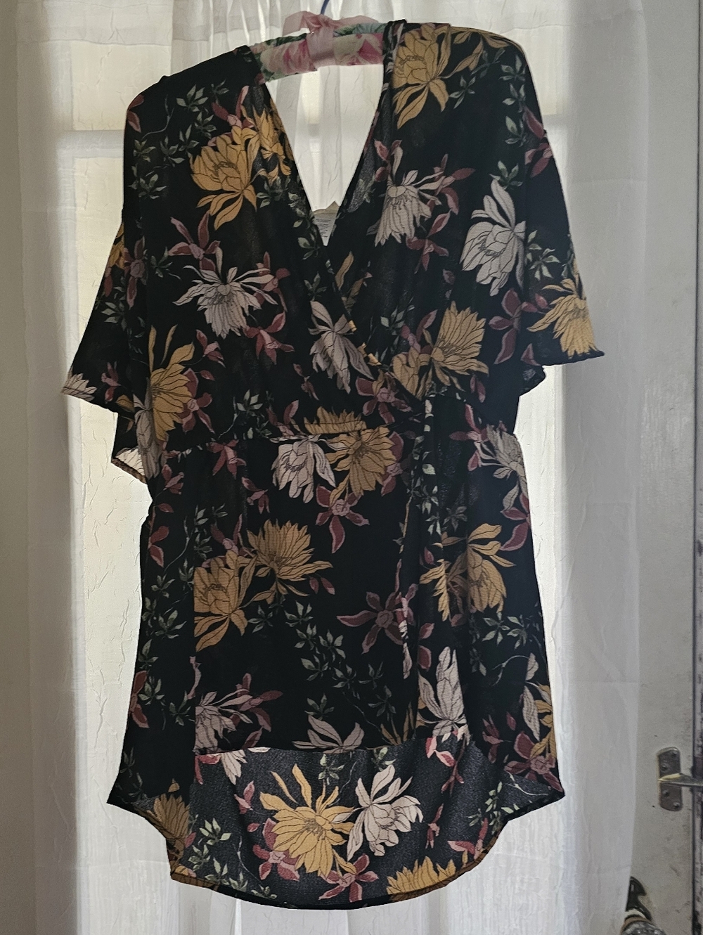 Black Floral Short Sleeve Wrap Top with Yellow & Pink Blooms